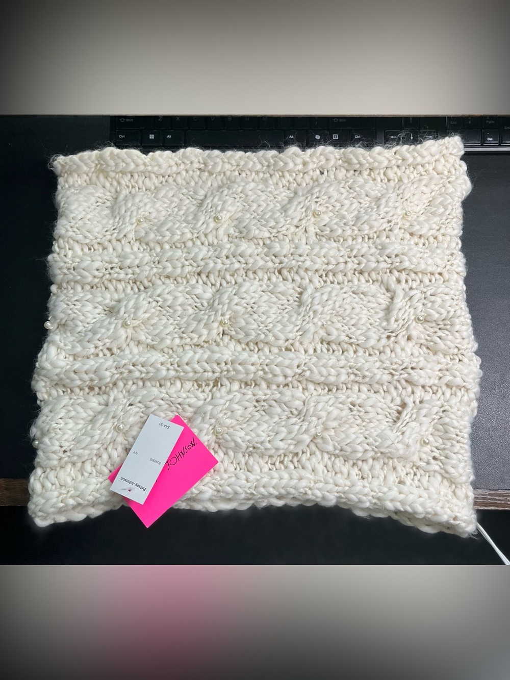 Betsey Johnson Ivory Chunky Knit Scarf with Pearl & Metallic Thread Detail